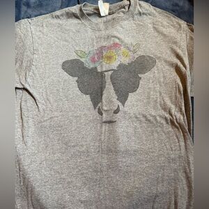 Gray T-Shirt with Cow and Floral Design